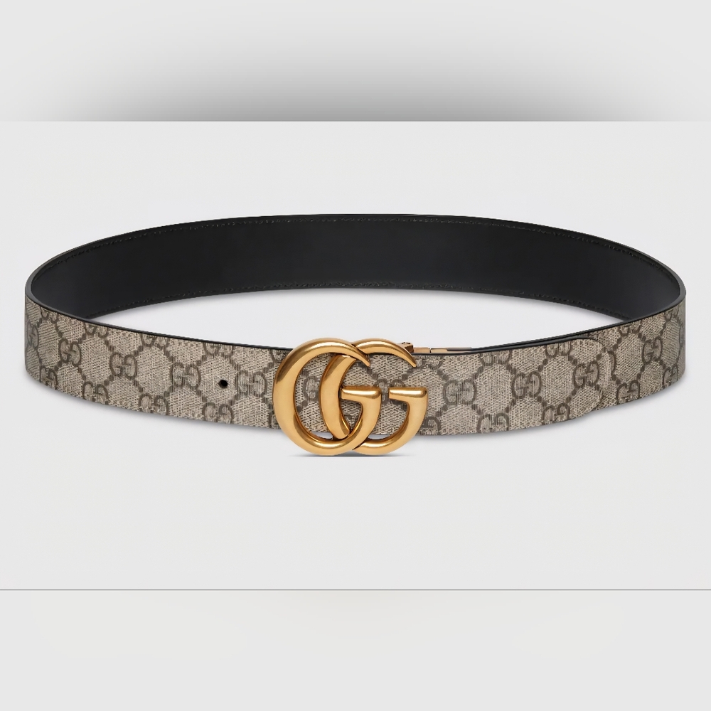 Gucci Beige Monogram Belt with Gold Buckle Reversible Unisex 28" Waist